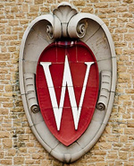 A W crest emblem is seen on the Field House from inside of Camp Randall Stadium at the University of Wisconsin-Madison on Oct. 6, 2012. (Photo by Bryce Richter / UW-Madison)