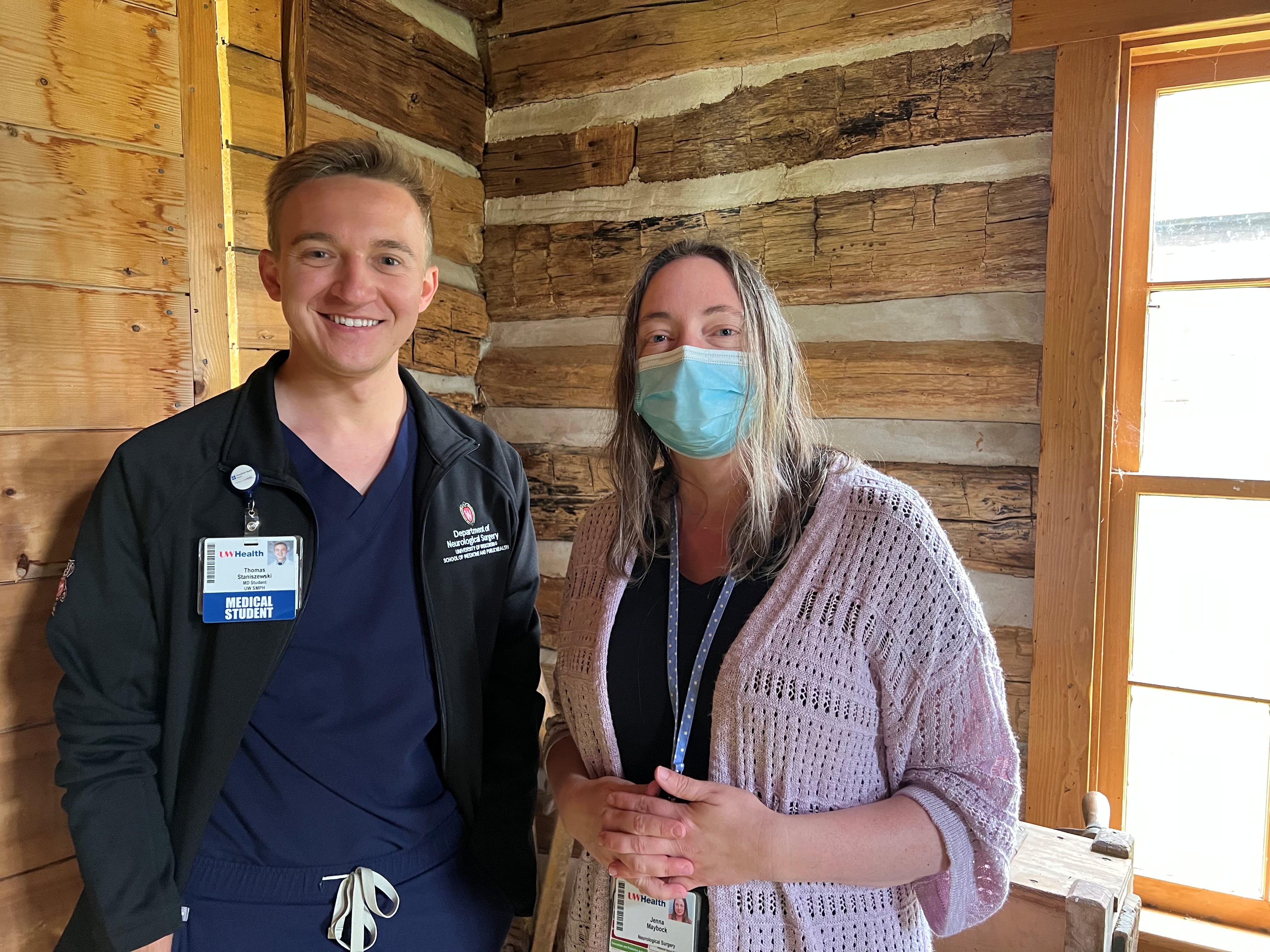 Shapiro Student Thomas Staniszewski and Clinical Research Coordinator Jenna Maybock lead student groups in the Amelia Cornelius Culture Park log cabins.